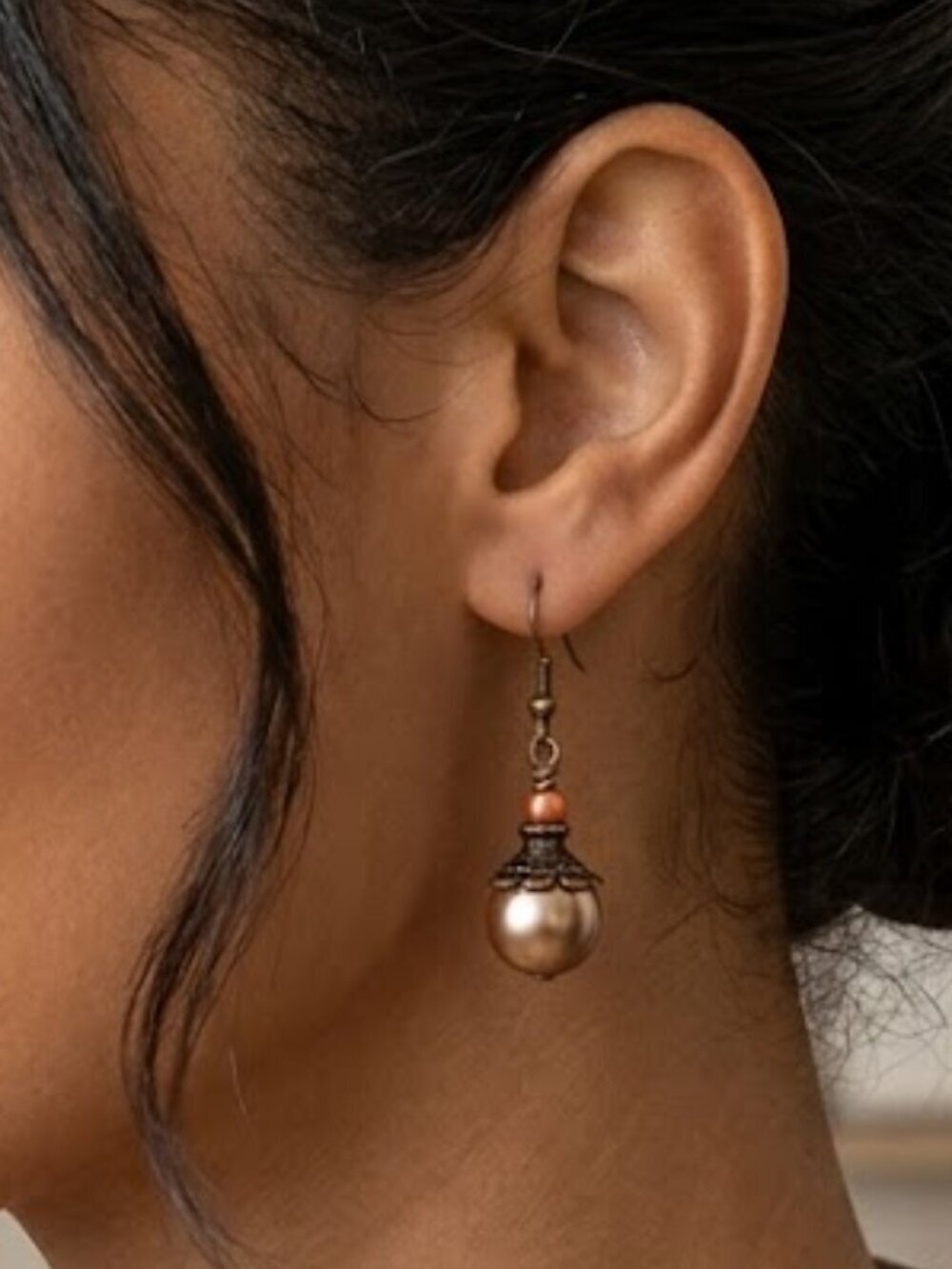 Handmade Austrian Crystal Pearl & Brass Bead Cap Earrings